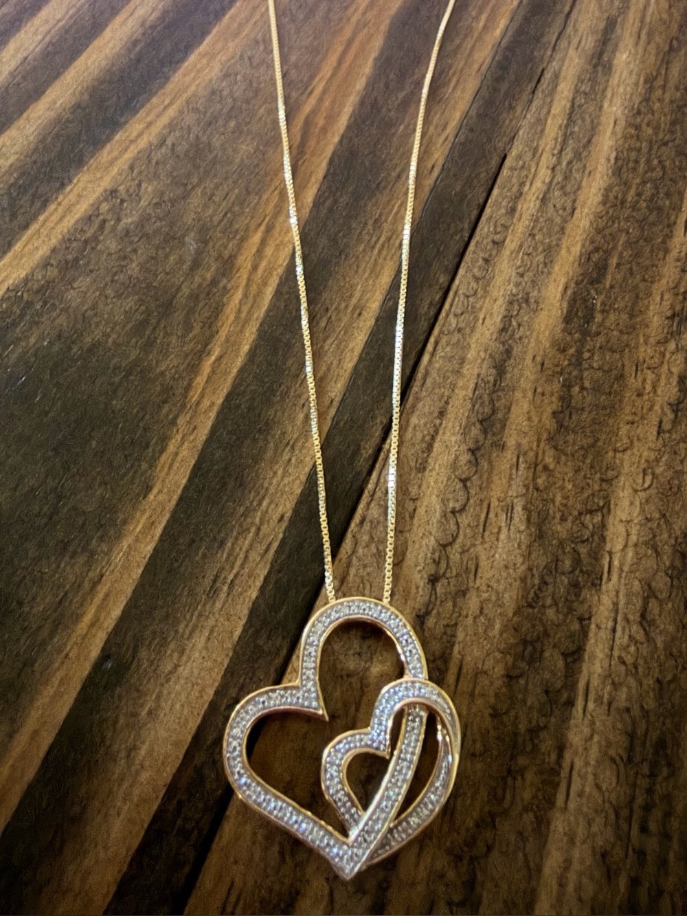 Gold plated, Natural Diamond Double Heart Pendant Necklace - Picture 3 of 4